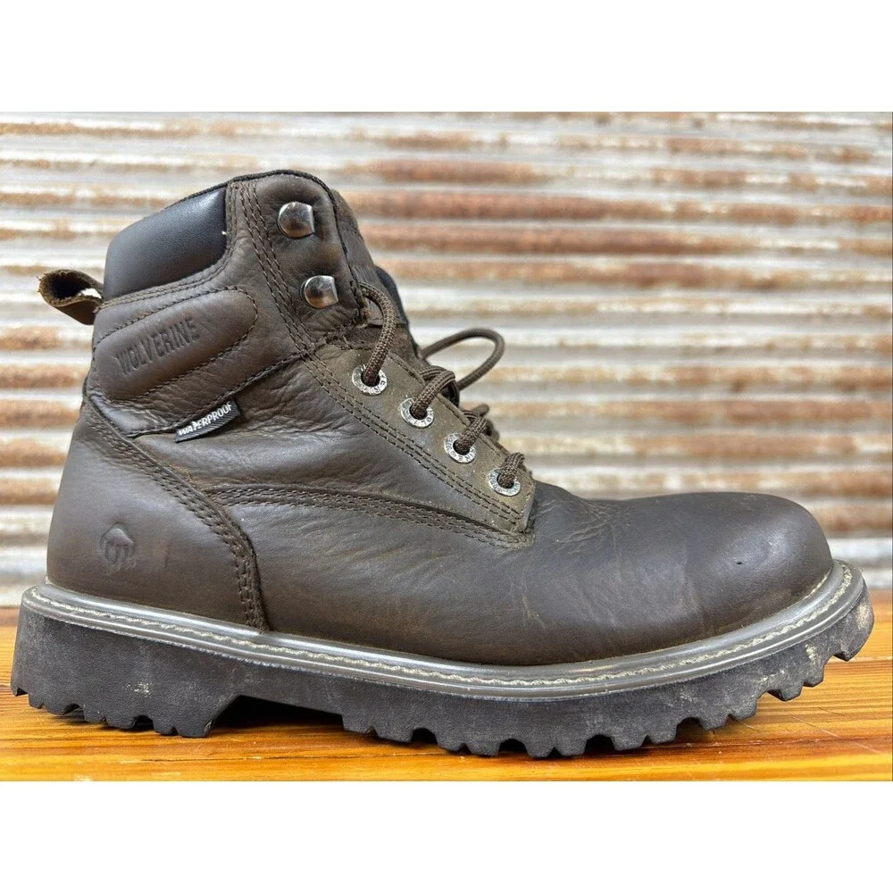 Wolverine Waterproof Brown Leather Lace Up Men's Soft Toe Work Boots Sz 9EW